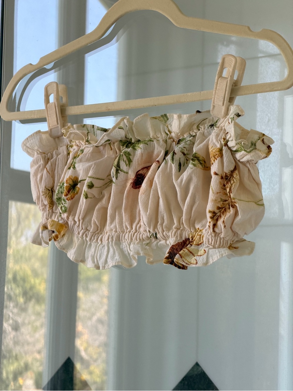 H&M Cream Floral Smocked Ruffle Bandeau Top